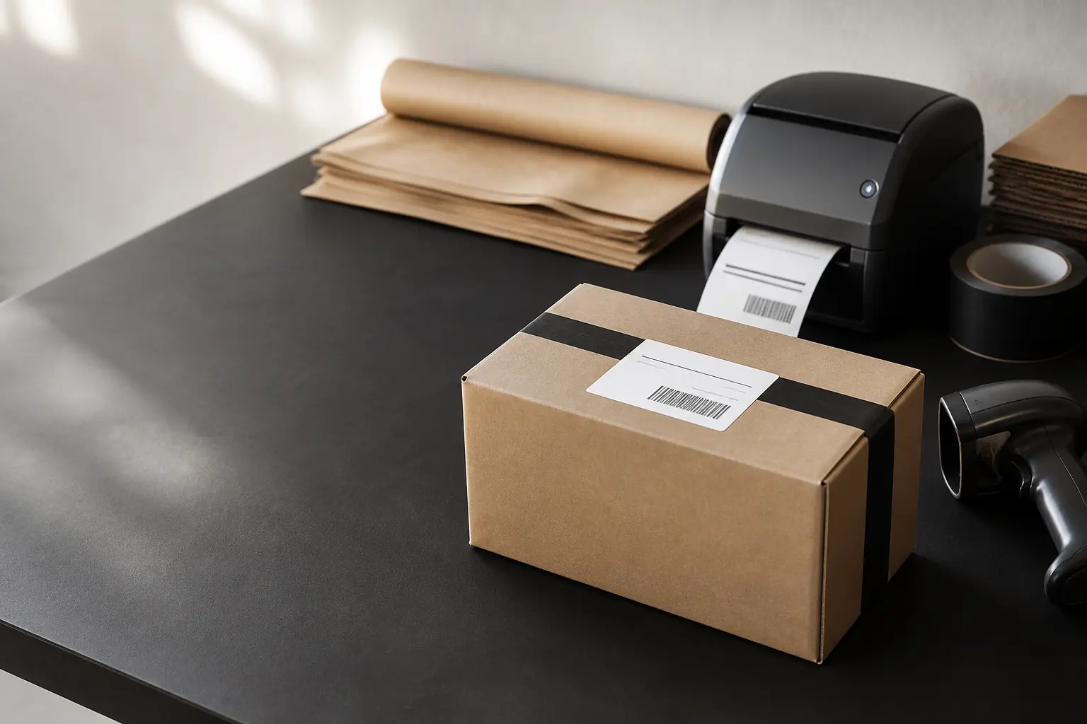 Illustration of a parcel, label printer and packing materials used to explain the dispatch process